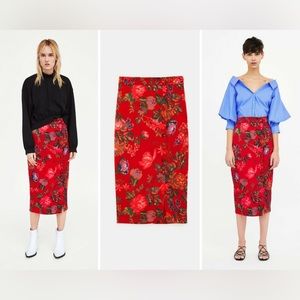 Zara Red Floral button up Skirt size Medium